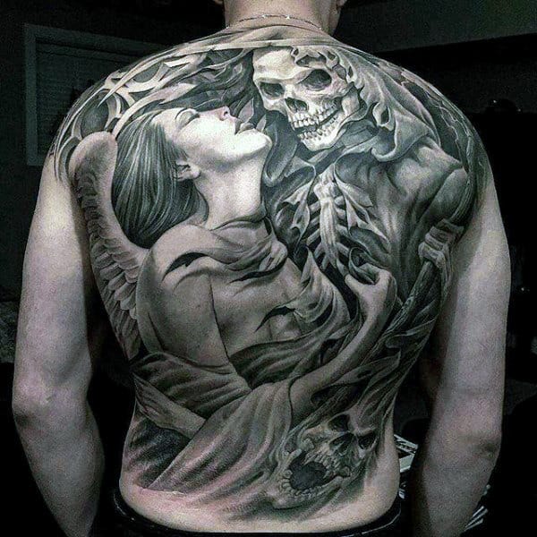 Mens Full Back Grey Ink Passionate Lady And Skeleton Tattoo