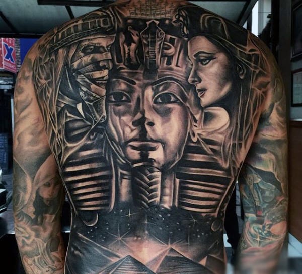 Mens Full Back Huge Pharaoh And Sparkling Pyramids Tattoo