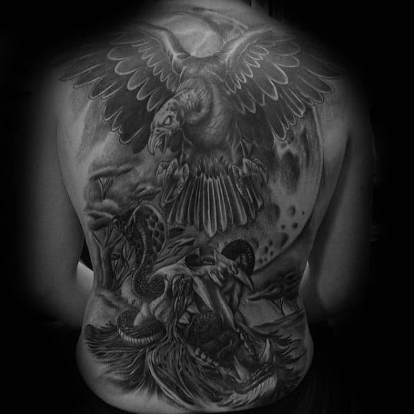 Mens Full Back Lion Skull Vulture Tattoos