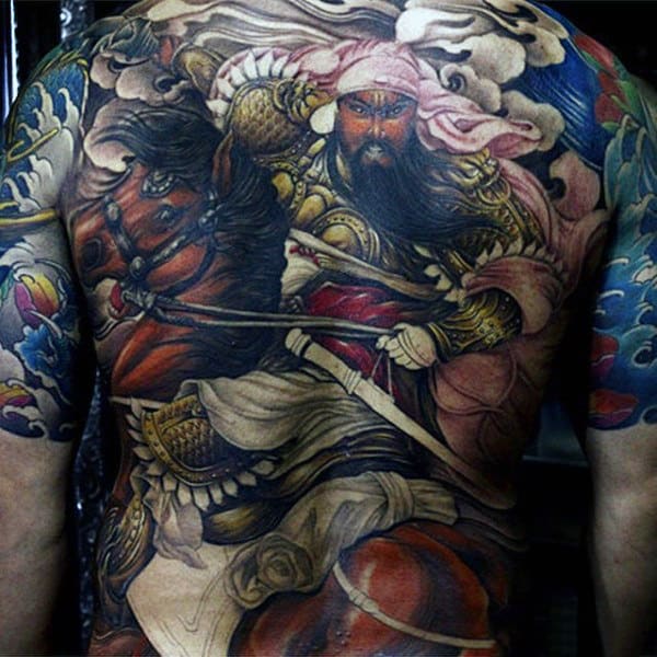 Mens Full Back Middle Eastern Warrior On Mighty Brown Horse Tattoo