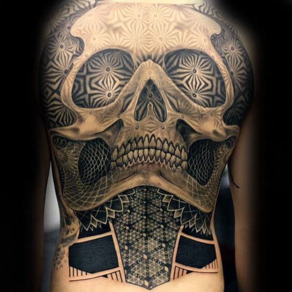 Mens Full Back Patterned Skull Tattoo