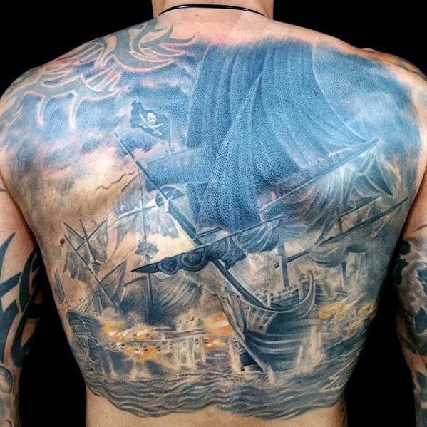 Mens Full Back Pirate Flag With Ship Tattoo Design