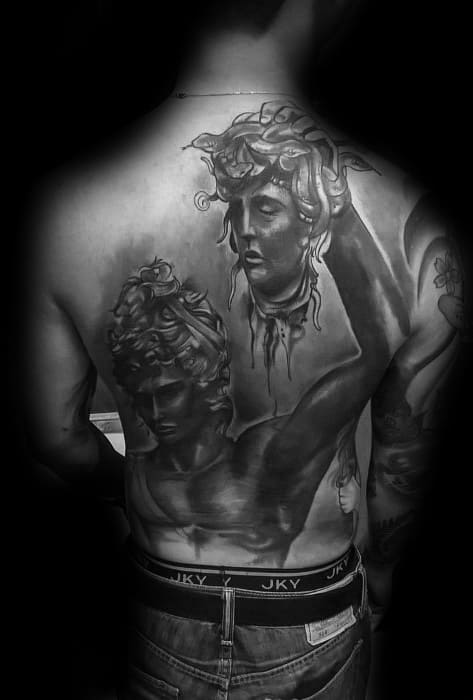 Mens Full Back Realistic 3d Perseus Tattoo Design Ideas