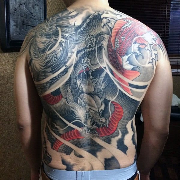 Mens Full Back Red And Grey Brutal Flying Dragon And Lightening Tattoo