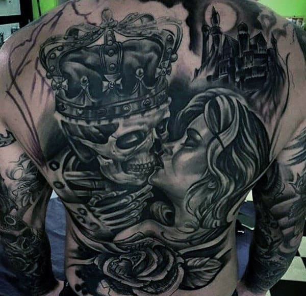 Mens Full Back Royal Skull And Lady Romance Tattoo