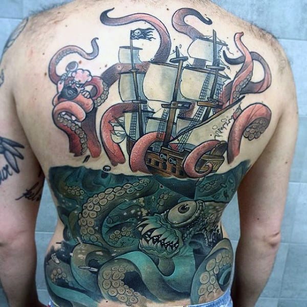 Mens Full Back Ship And Undersea Creatures Tentacles New School Tattoo
