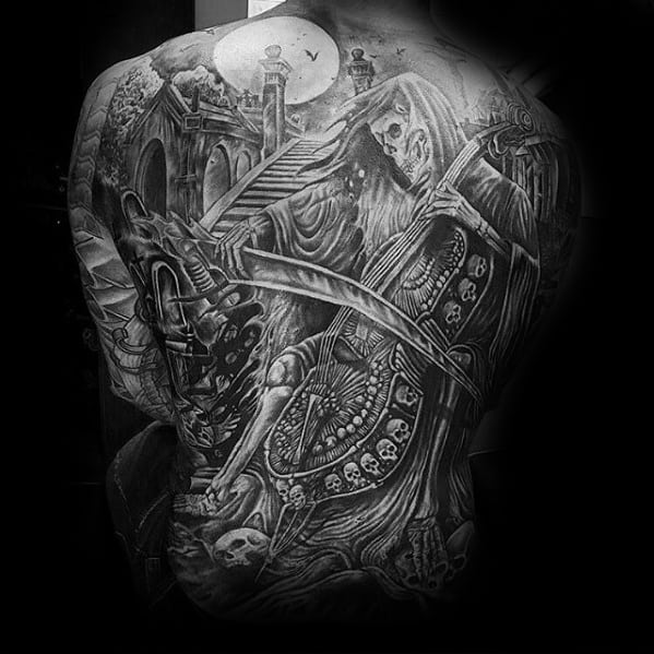 Mens Full Back Skeleton Playing Musical Instrument Incredible Tattoo