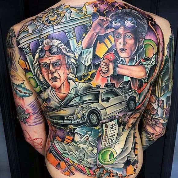 Mens Full Back To The Future Themed Back Tattoos