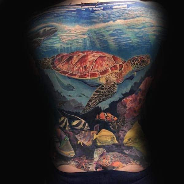 Mens Full Back Turtle Ocean Themed Tattoo Design With Swimming Fish