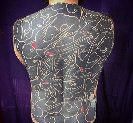 Mens Full Back Unique Red Chinned Black Birds Tattoo