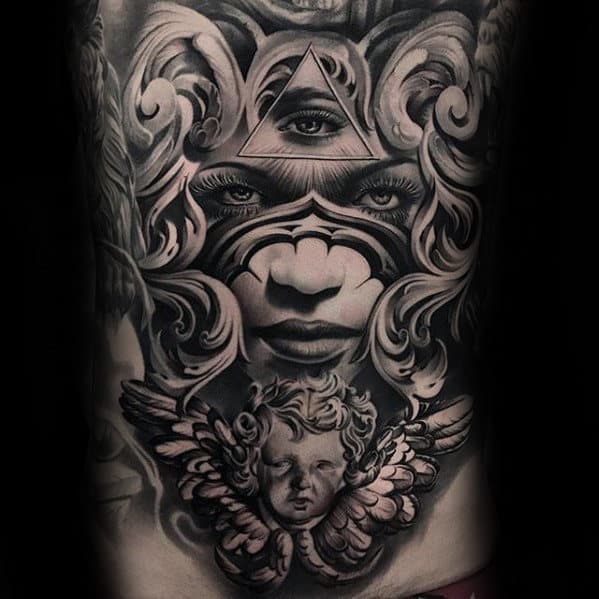 Mens Full Chest Eye Of Providence Chicano Shaded Tattoo