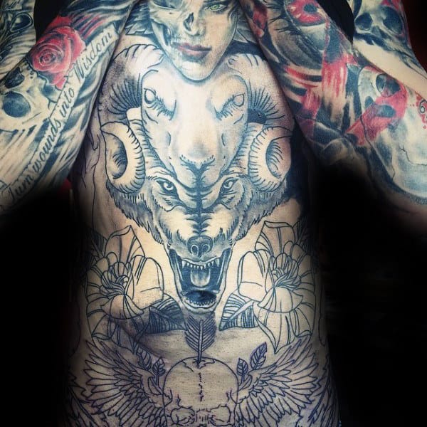 Mens Full Chest Ram Tattoo Design Ideas