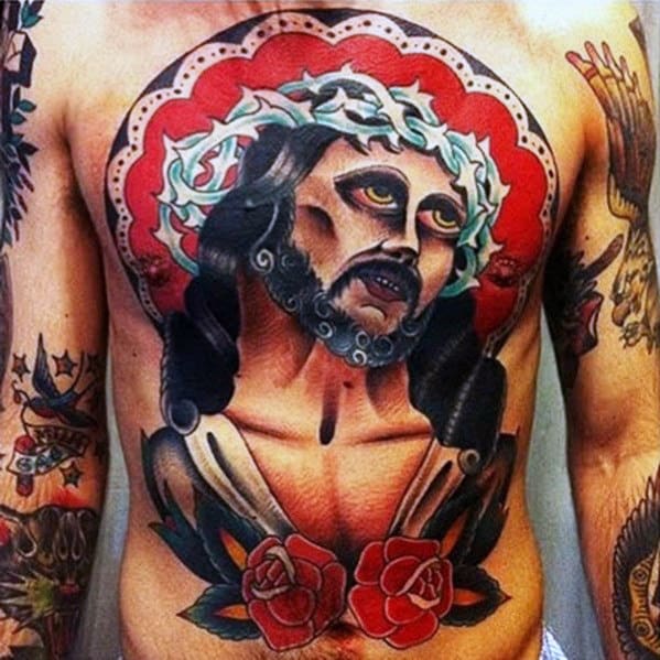 Mens Full Chest Traditional Jesus Themed Tattoo