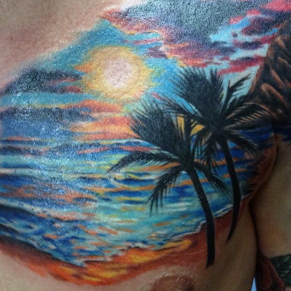 Mens Full Color Chest Tattoo With Palm Trees And Sunset