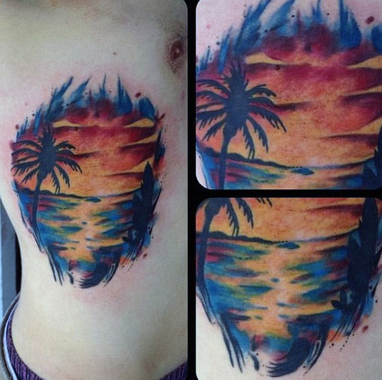 Mens Full Color Stylish Side Tattoo Of Ocean Sunset