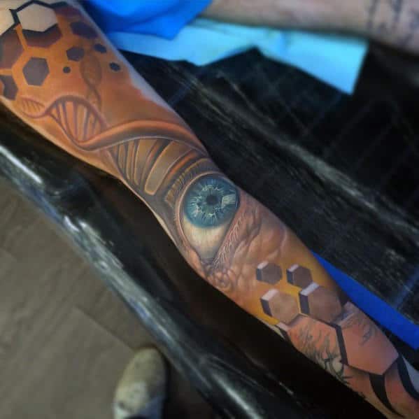 Mens Full Leg Sleeve Blue Eye With Dna Helix Strand Design