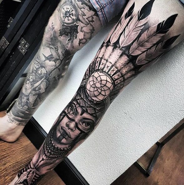 Mens Full Leg Sleeve Native American Indian Dreamcatcher Tattoos