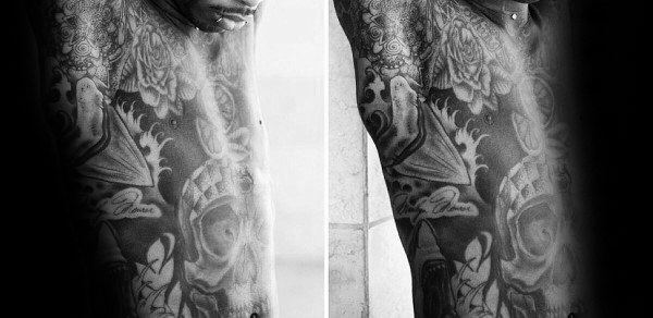 Mens Full Rib Cage Side Shark Tooth Tattoo