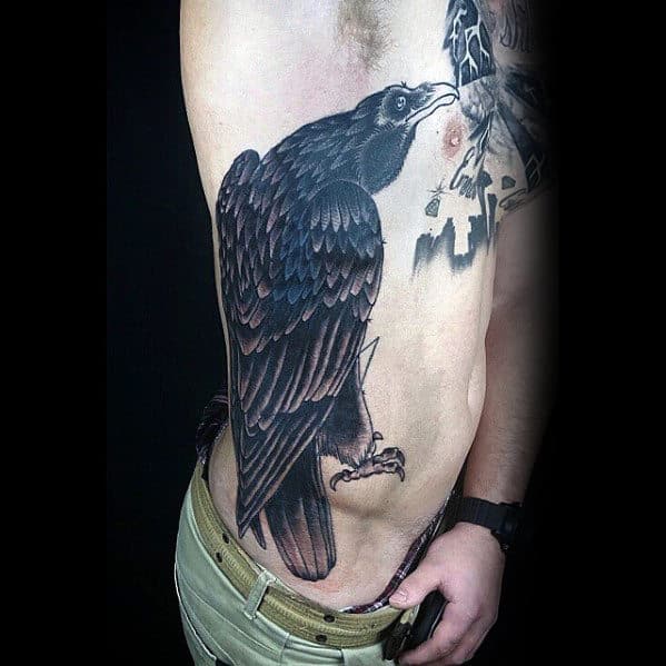 Mens Full Rib Cage Side Traditional Tattoo Of Black Crow