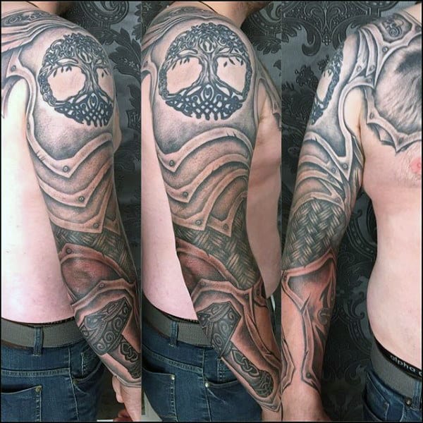 Mens Full Sleeve Armor Plate Mjolnir With Tree Of Life Tattoo