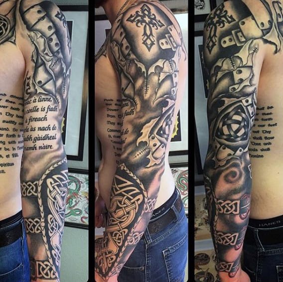 Mens Full Sleeve Celtic Knot Armor Plate Tattoo