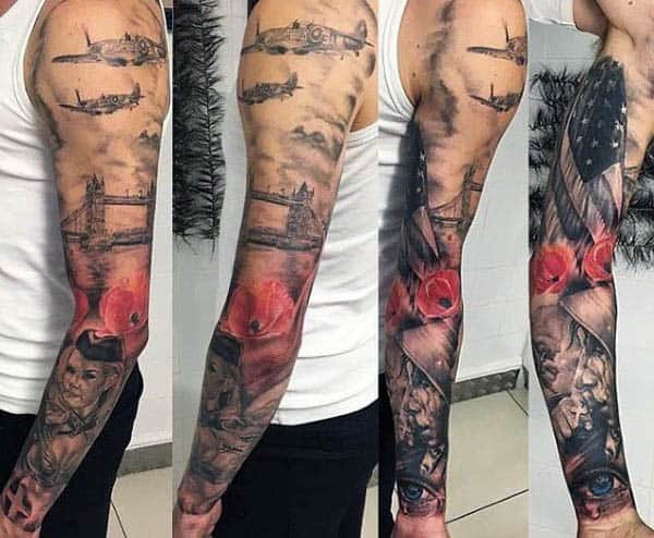 Mens Full Sleeve Combat Military Memorial Poppy Tattoo