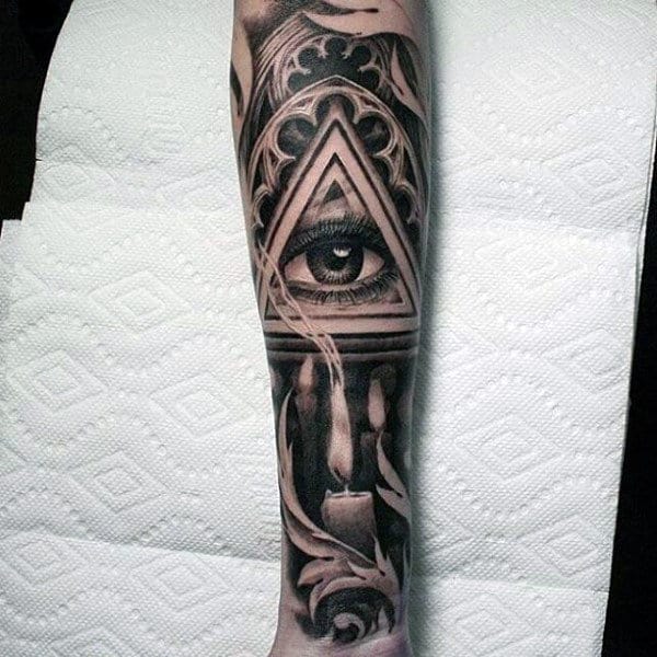 Mens Full Sleeve Gray Shaded Eye And Lit Candle Tattoo