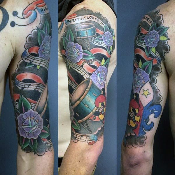 Mens Full Sleeve Old School Drum Tattoo Design Ideas