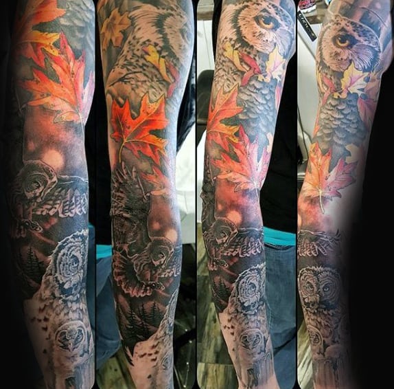 Mens Full Sleeve Orange Maple Leaf Tattoo With Owls