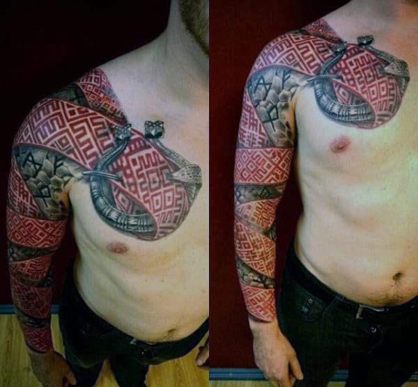 Mens Full Sleeve Red Ink Pattern Rune Tattoo Designs