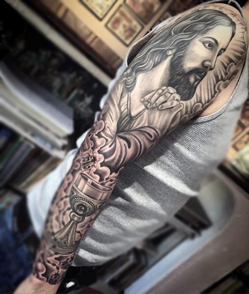 Mens Full Sleeve Tattoo Of Jesus With Holy Chalice