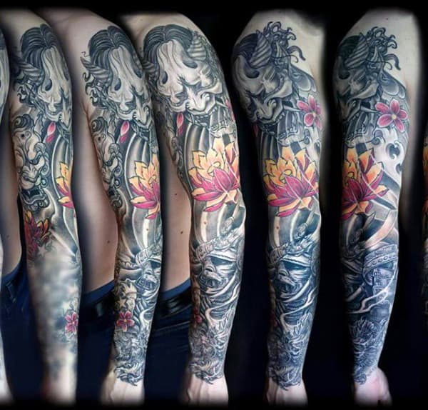 Mens Full Sleeve Traditional Samurai Masks And Flower Tattoo