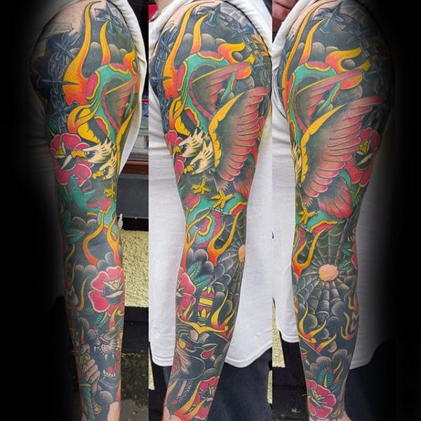 Mens Full Sleeve Traditional Spider Web Tattoo