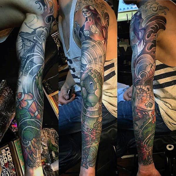 Mens Full Sleeve Turtle New School Tattoo