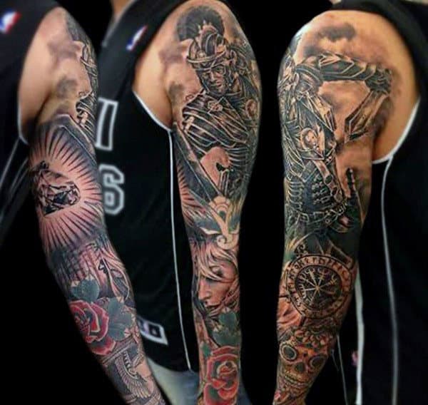 Mens Full Sleeve Warrior And Rose Tattoo
