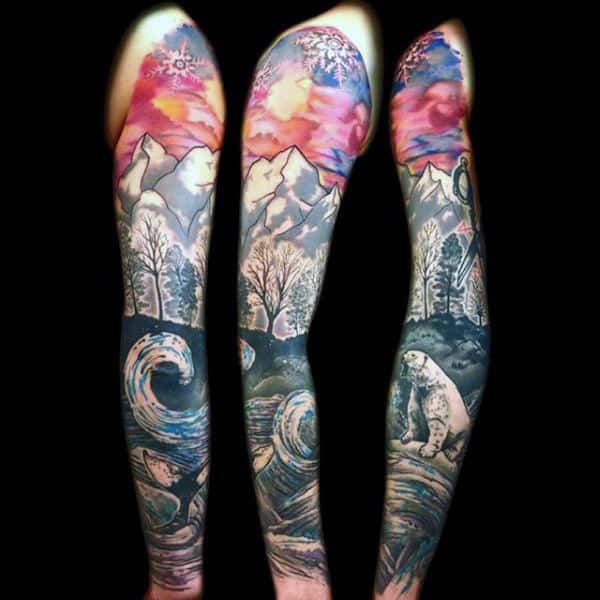 Mens Full Sleeve Wildnerness Landscape Tattoo Designs