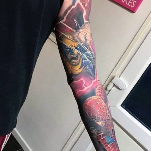 Mens Full Sleeve Wolverine And Spiderman Tattoo