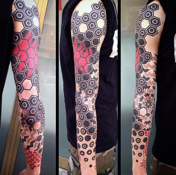 Mens Full Sleeved Red Black Honeycomb And Spirals Tattoo