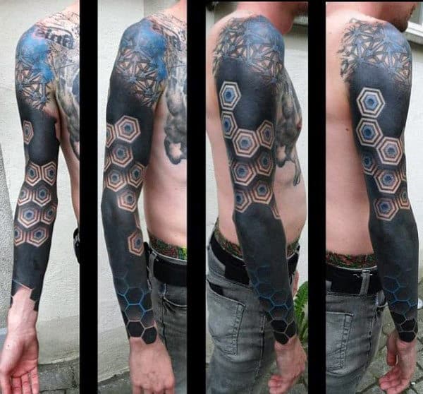 Mens Full Sleevel Amazing Greyish Black Honeycomb Tattoo