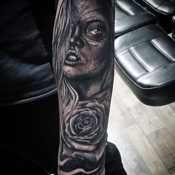 Mens Full Sleeves Clear Eyed Day Of The Dead Female And Rose Tattoo