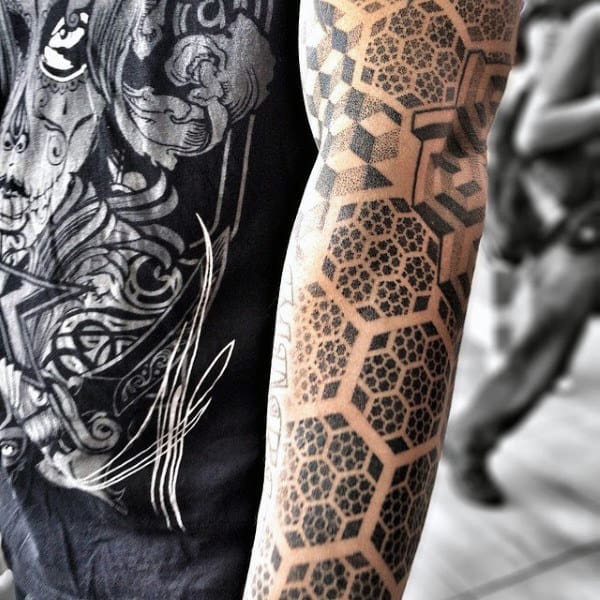 Mens Full Sleeves Dotted Hexagon Within A Hexagon Honeycomb Tattoo