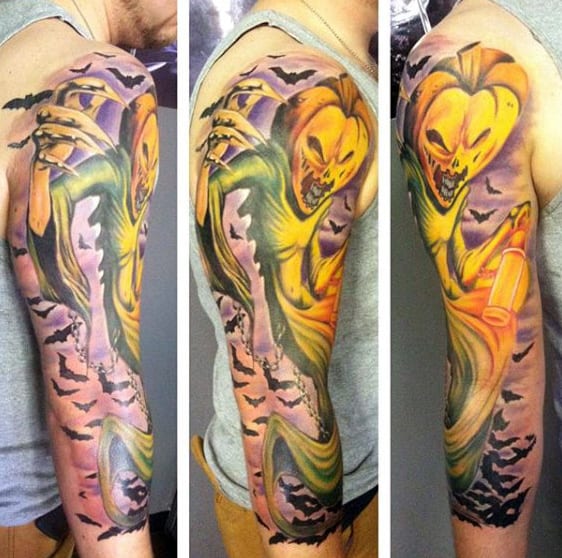 Mens Full Sleeves Glowing Yellow Halloween Tattoo