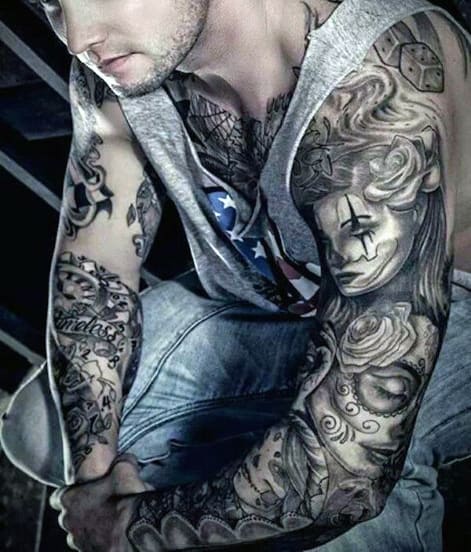 Mens Full Sleeves Gray Day Of The Dead Tattoo