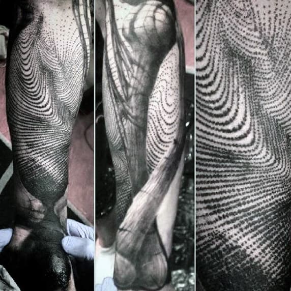 Mens Full Sleeves Grey Dotwork Fingerprint Tattoo