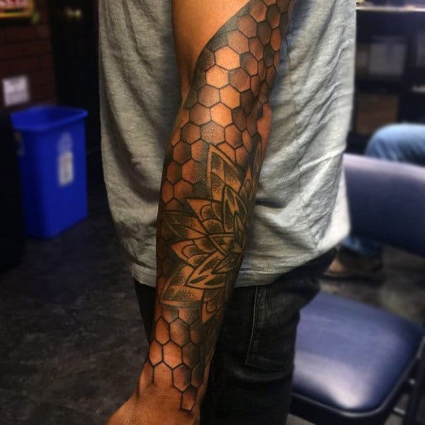 Mens Full Sleeves Honeycomb And Layered Petals Tattoo