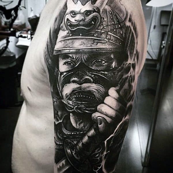Mens Full Sleeves Interesting Tattoo Of Warrior With Unique Mask