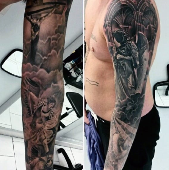Mens Full Sleeves Religious Angel In Heaven Tattoo
