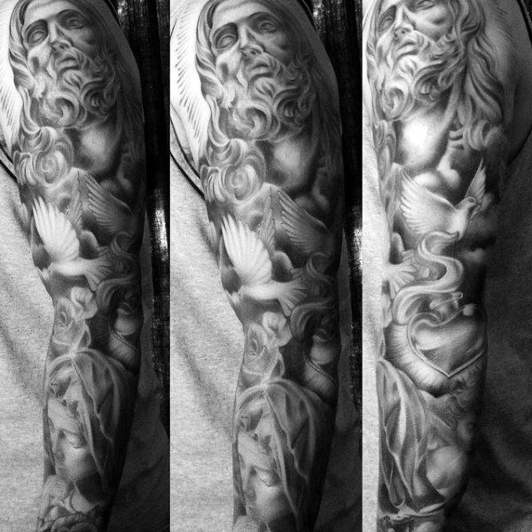 Mens Full Sleeves Religious Black Grey Tattoo
