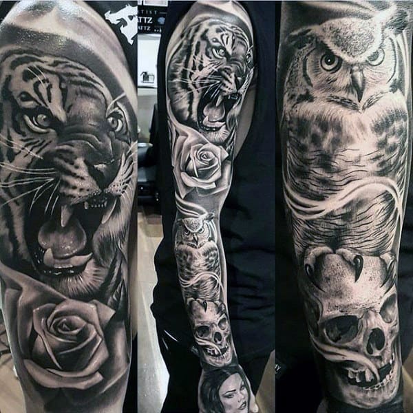 Mens Full Sleeves Rose Roaring Tiger Sick Tattoo