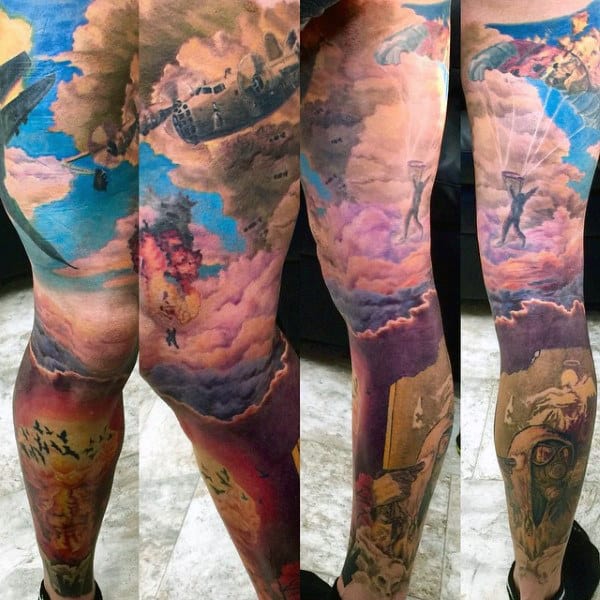 Mens Full Sleeves Smoky Skies Bomb And Man On Parachute Tattoo